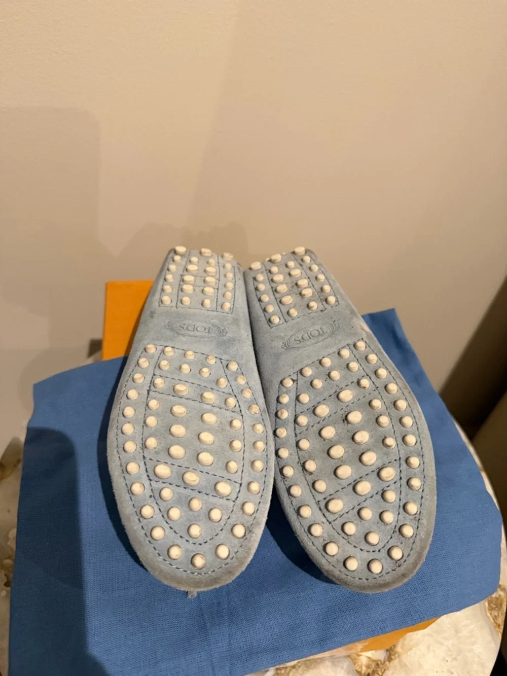 Tod's Light Blue Suede Slip-On Loafers with Bow